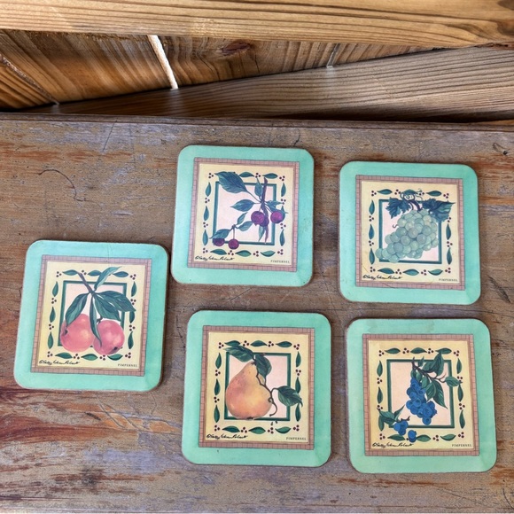 Set of 5 Vintage Pimpernel Fruit Theme Teal Border Cork Back Coasters 4 1/8” - Picture 8 of 8